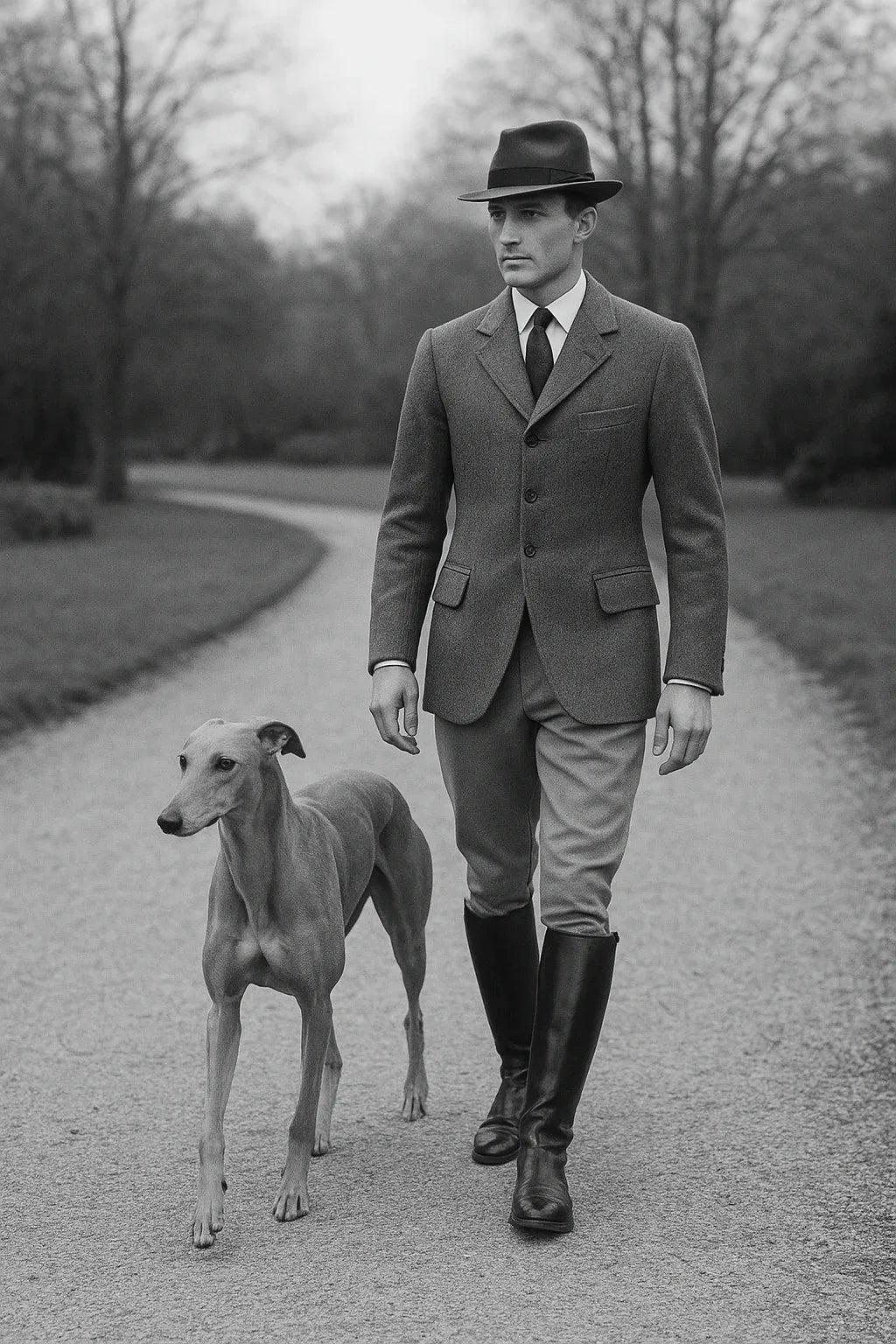 Man_with_Greyhound_on_Gravel_Path - Regent And Tail